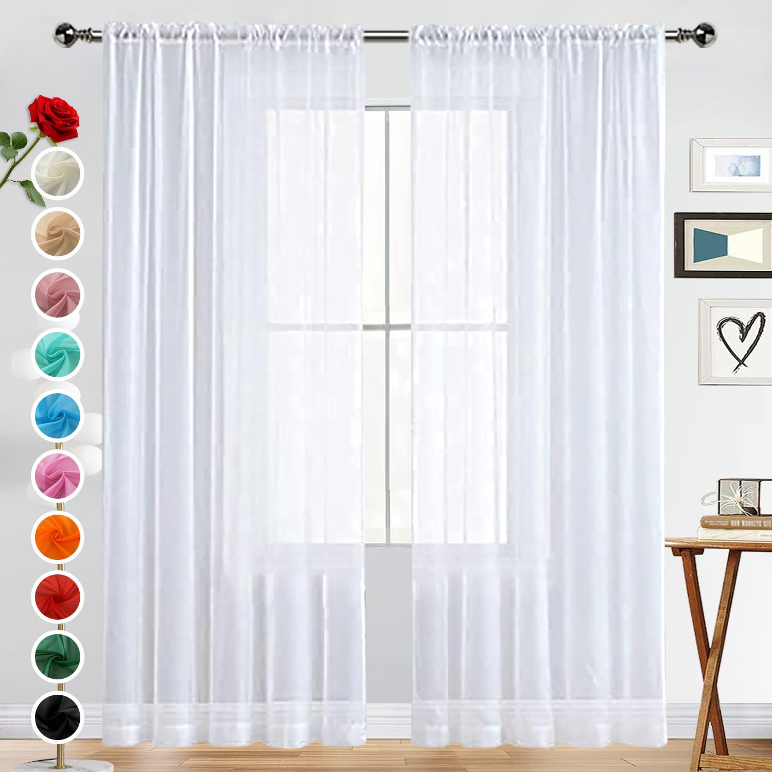 SpaceDresser Basic Rod Pocket Sheer Voile Window Curtain Panels White 1 Pair 2 Panels 52 Width 84 Inch Long for Kitchen Bedroom Children Living Room Yard(White,52 W x 84 L) | Amazon (US)