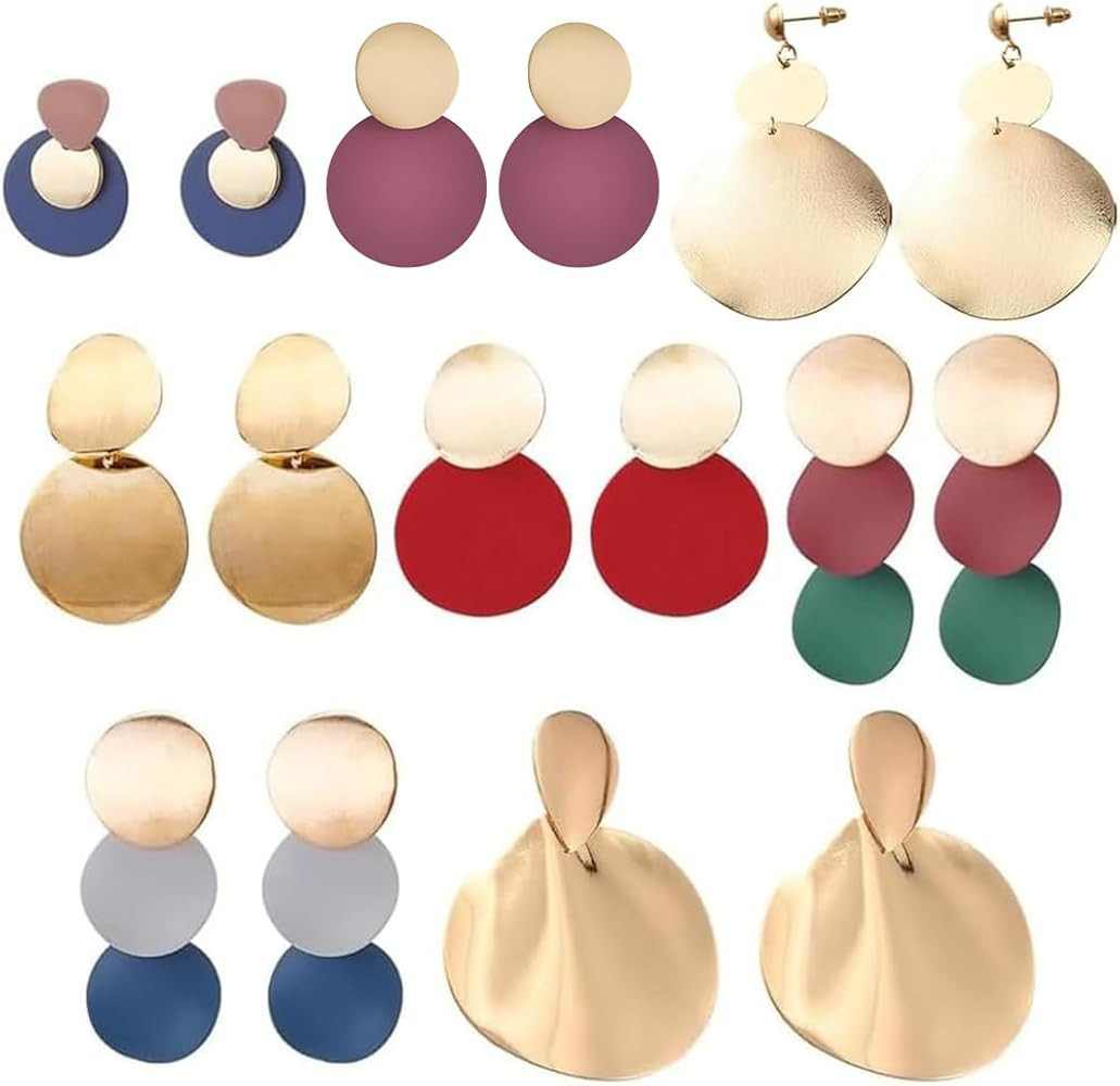 ANATTASOUL 8 Pairs Big Gold Geometric Drop Earrings - Round & Dangle Statement Earrings for Women... | Amazon (US)