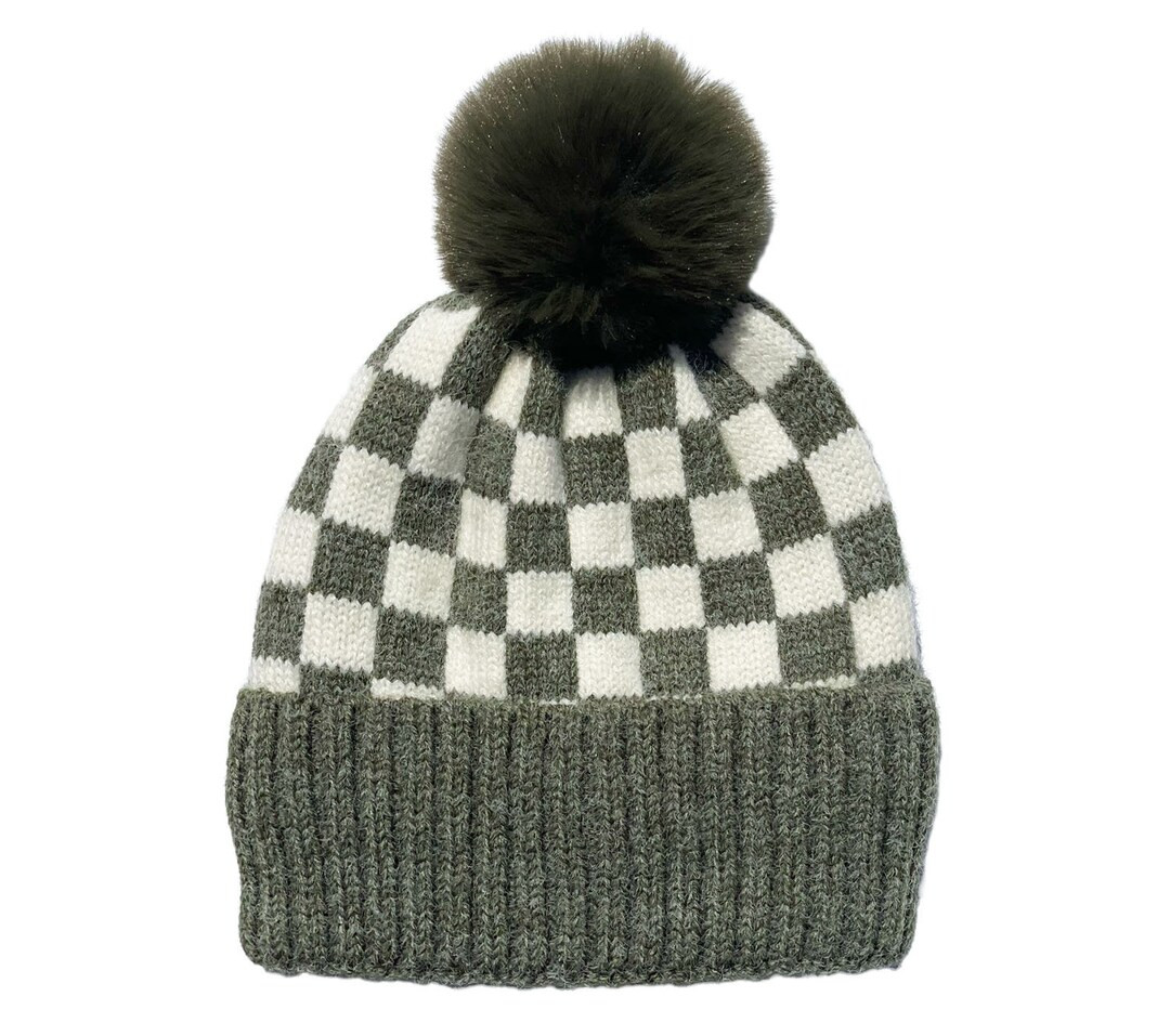 Checker Pom Beanie Olive - Etsy | Etsy (US)
