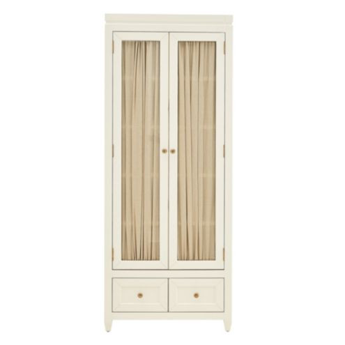 Nora Storage Cabinet Tall White with Glass Doors & Curtains | Ballard Designs, Inc.