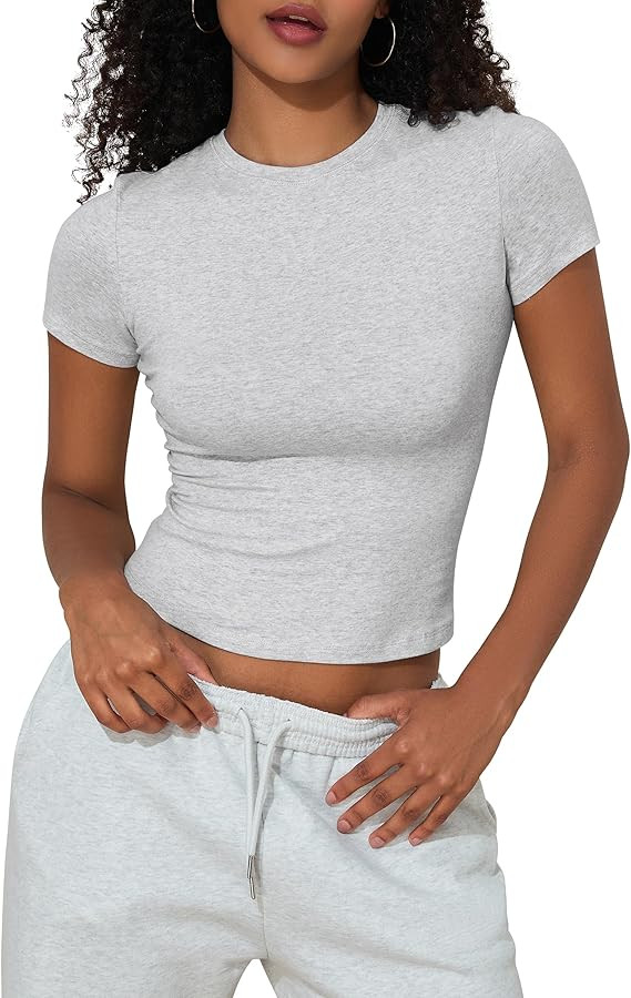 PrettyGuide Women's Crew Neck Short Sleeve Summer Basic Tee Tight Fit Cotton Jersey T Shirt Y2K G... | Amazon (US)