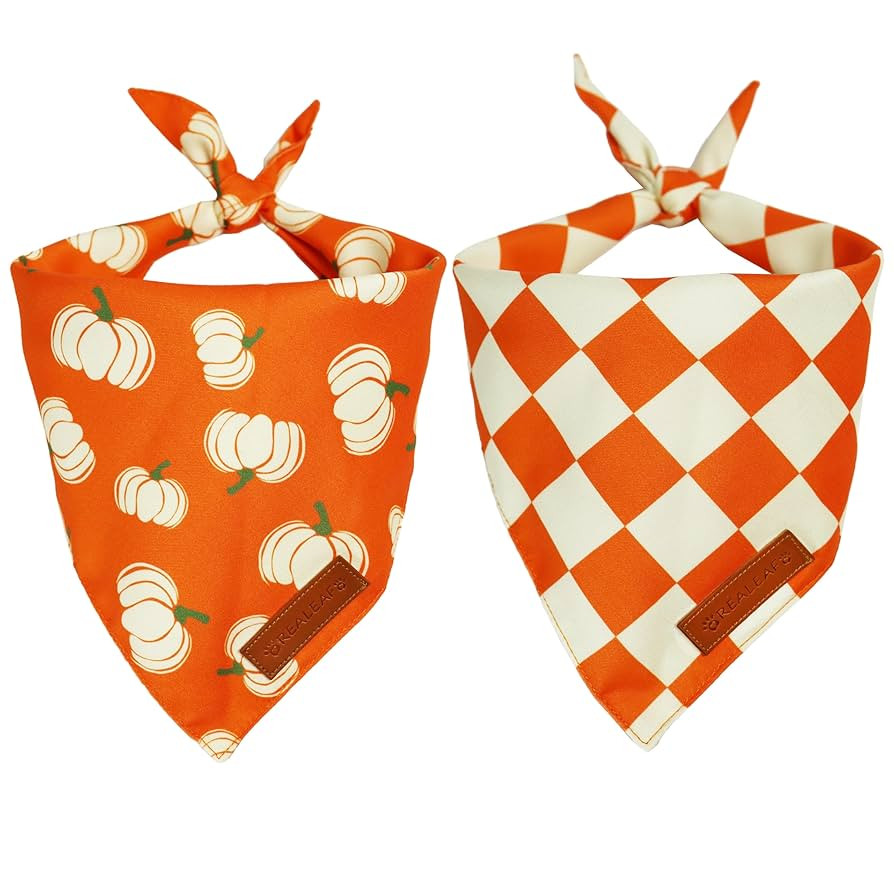 Realeaf Thanksgiving Fall Dog Bandanas 2 Pack, Orange Plaid Pumpkin Pet Scarf for Boy and Girl, P... | Amazon (US)