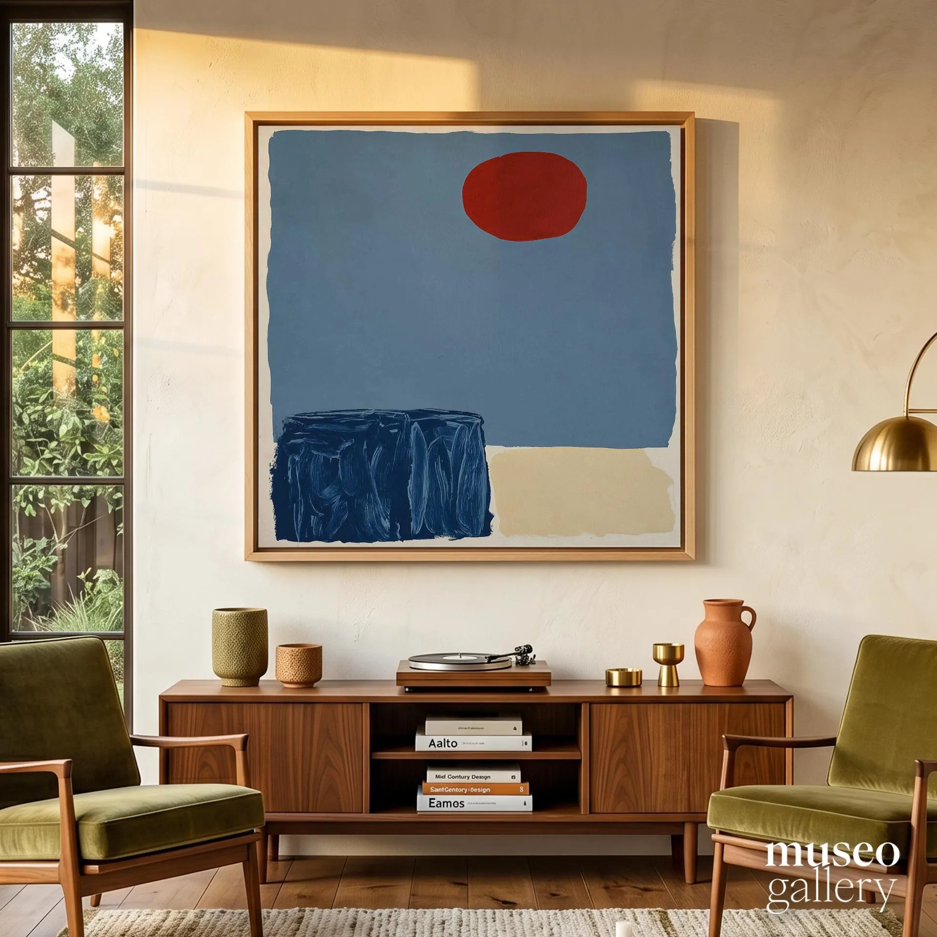 Red Sun Abstract Square Canvas | Modern Expressionist Blue Field and Navy Wall Art | Etsy (Global)