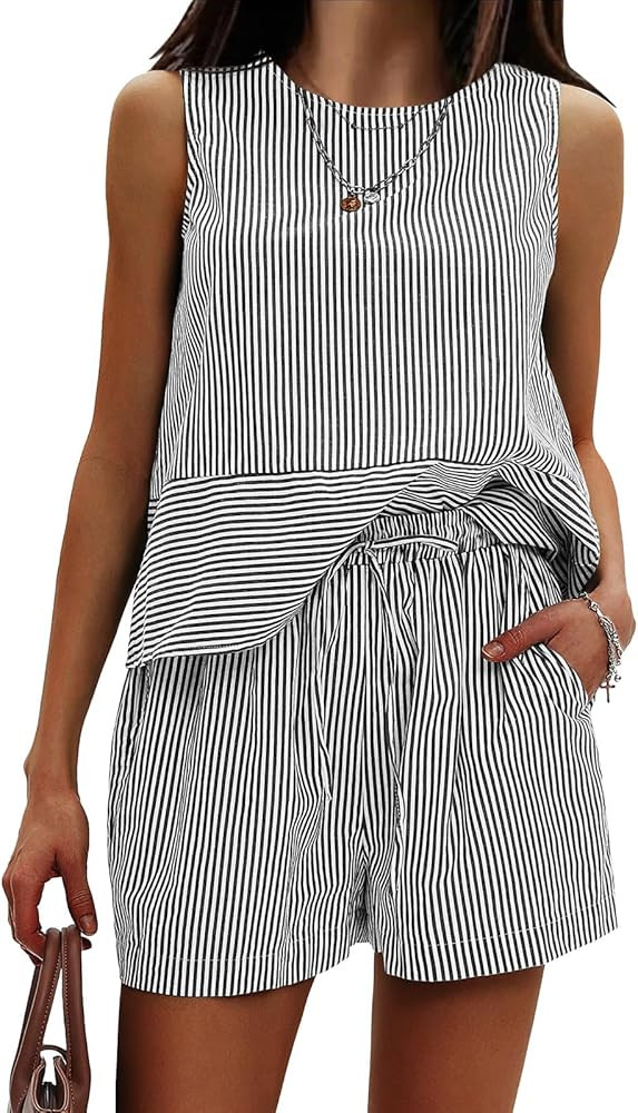EXLURA Women's Summer 2 Piece Outfits Sleeveless Tank Top Matching Shorts Sets Cotton Striped Swe... | Amazon (US)