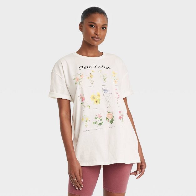 Women's Zodiac Floral Chart Short Sleeve Oversized Graphic T-Shirt - White | Target