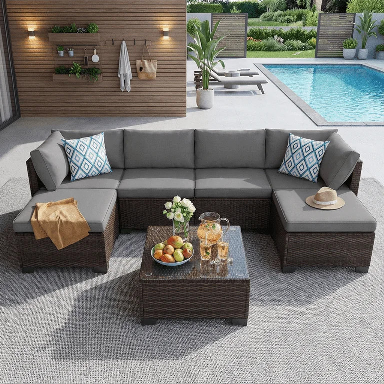 Aiho Outdoor Patio Furniture Set with All Weather Pe Rattan, 7- Piece Outdoor Sectional Sofa with... | Walmart (US)