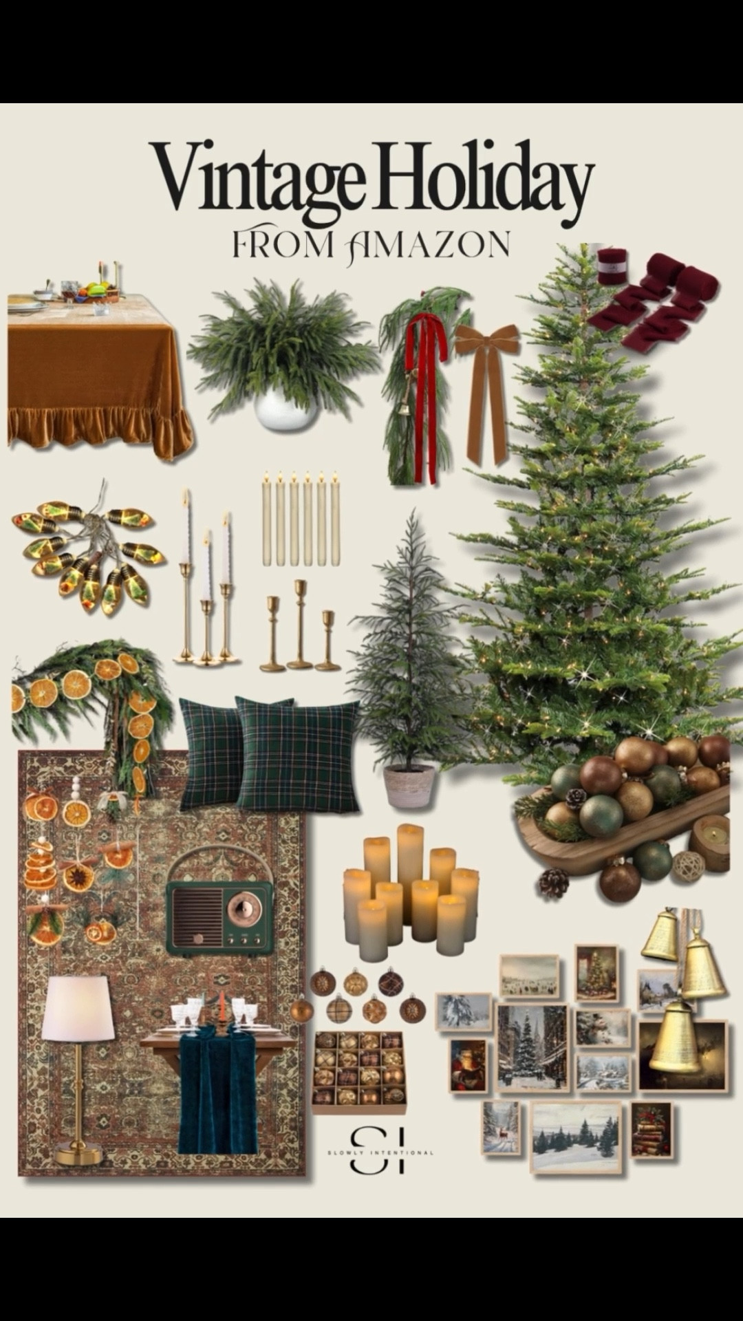 Cozy, vintage Christmas vibes that feel straight out of a storybook! Deep greens, brass accents, velvet, and twinkly lights make everything feel timeless. I linked all my favorite finds so you can bring this same cozy look home this season.

#LTKHoliday #LTKSeasonal #LTKHome