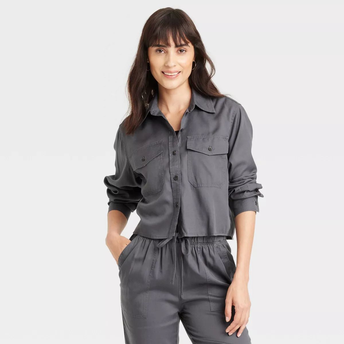 Women's Utility Long Sleeve Collared Button-Down Shirt - Universal Thread™ Gray S | Target