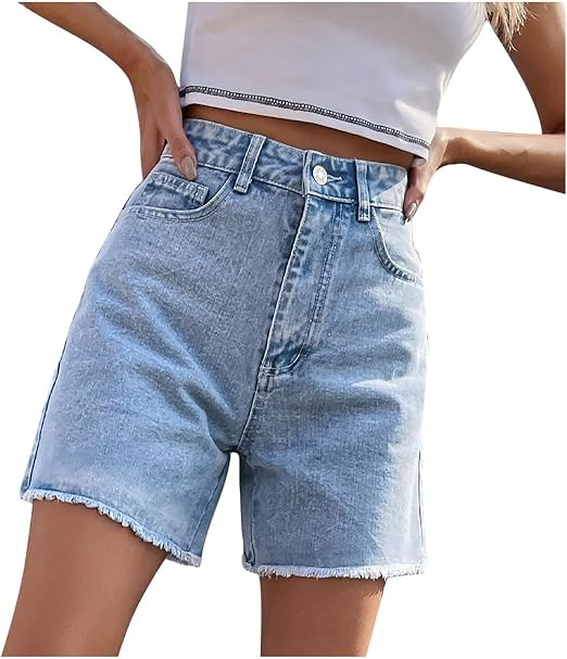 Women's High Waist Denim Shorts Straight Leg Raw Hem Jean Shorts Summer Teen Girls Hot Pants with... | Amazon (US)