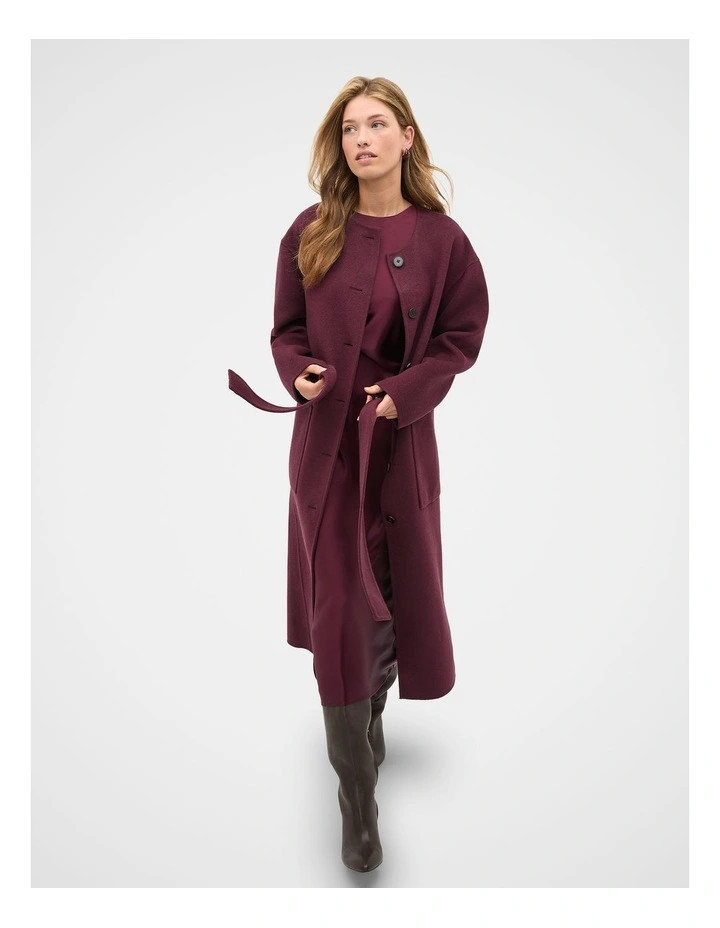 Seed HeritageWool Blend Collarless Coat in Plum Red | Myer