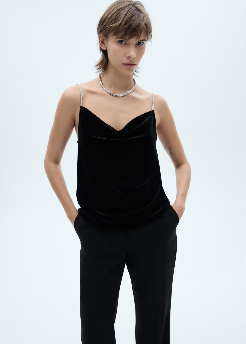 Velvet top with rhinestone straps - Women | MANGO USA | Mango (US/MX/AU)