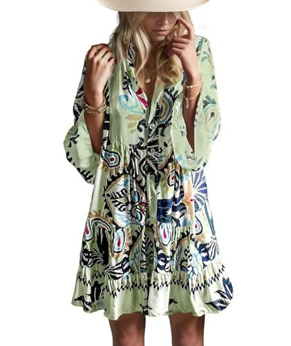 Opemiby Summer Dresses for Women 2026 Flowy Ruffle 3/4 Sleeve V Neck Tiered Casual Babydoll Boho Beach Mini Dress Green Tribe S | Amazon (US)