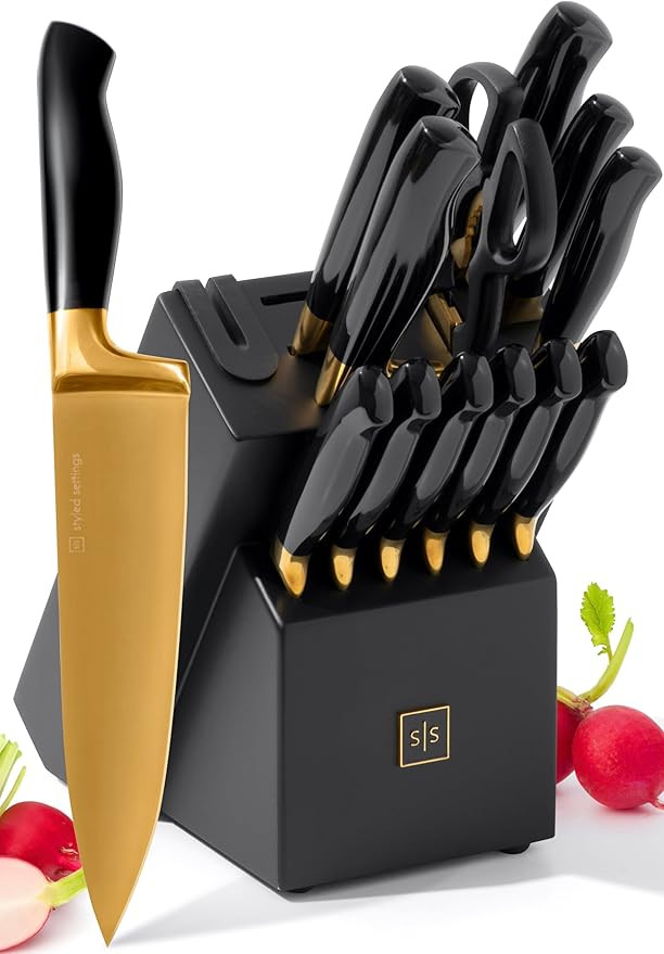 Black and Gold Knife Set with Block and Sharpener – 14-Piece Full Tang Golden Knives with Self-... | Amazon (US)