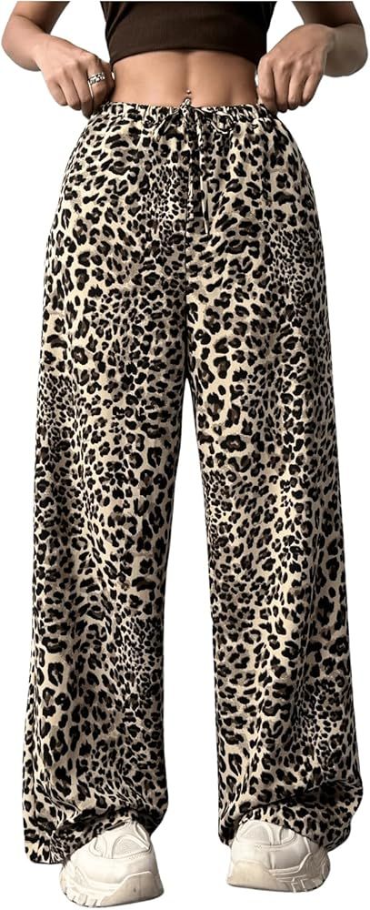 Floerns Women's Drawstring Waist Leopard Print Trousers Tie Front Wide Leg Pants | Amazon (US)