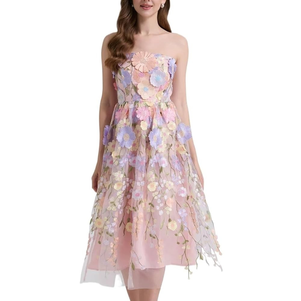 Women's French Embroidered Strapless Dress Floral A Line Dress Rose Princess Birthday Gown | Amazon (US)
