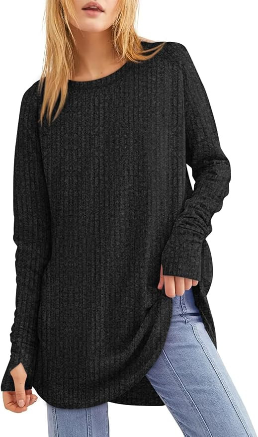 BZB Women's Trendy Long Sleeve Shirts Crew Neck Round Hem Loose Lightweight Tunic Sweater Tops wi... | Amazon (US)