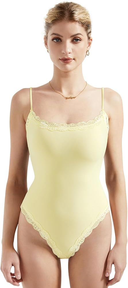 SUUKSESS Women Square Neck Lace Bodysuit Sleeveless Spaghetti Strap Tank Top | Amazon (US)
