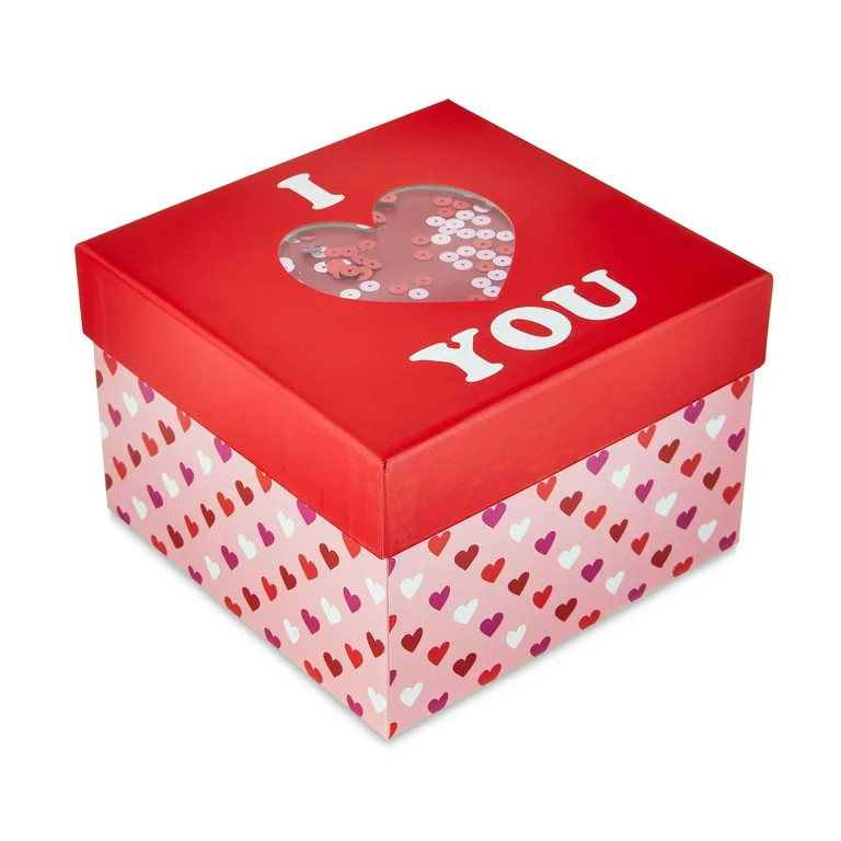 Valentine's Day Large Pink and Red Confetti Gift Box, 6.25" x 6.25" x 4.25", by Way To Celebrate | Walmart (US)