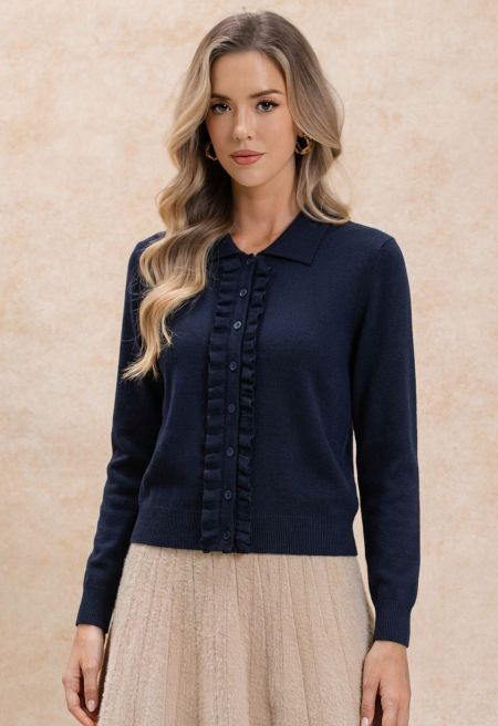 Elegant Ruffle-Trim Collared Knit Cardigan in Navy for Office Days & Brunch Dates | Chicwish