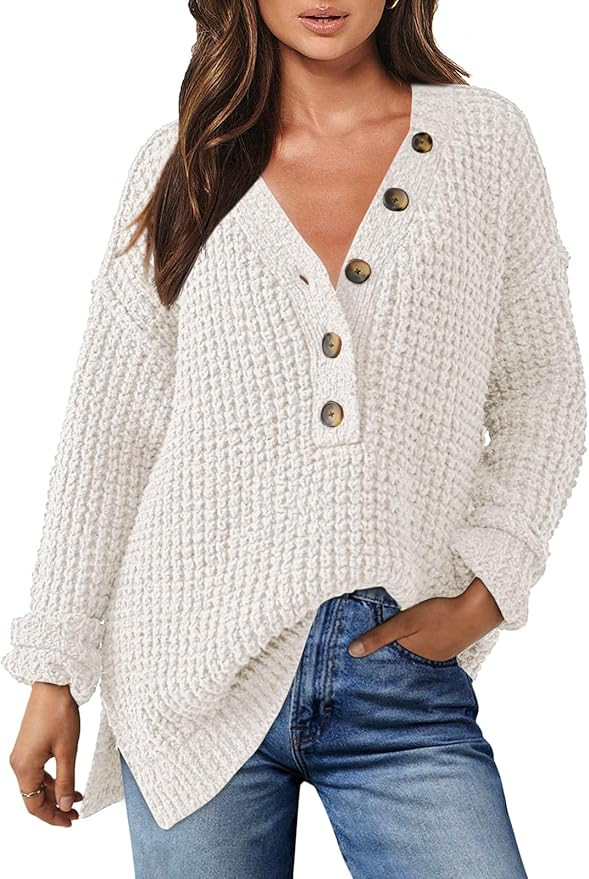 ANRABESS Womens Oversized Sweater Long Sleeve Loose V Neck Button Jumper Casual Waffle Side Slit ... | Amazon (US)