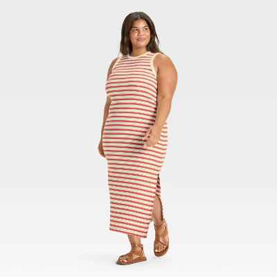 Women's Rib-Knit Maxi Bodycon Dress - Universal Thread™ Dark Red Striped 4X | Target