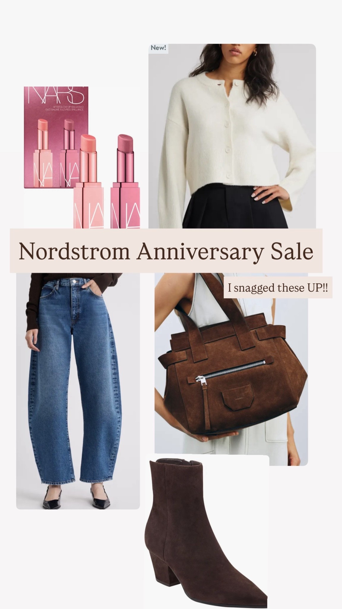 NSale top five 
Shoulder bag 
Bubble jeans 
Nars lip balms 
Cardigan 

#LTKBeauty #LTKSaleAlert #LTKFindsUnder50