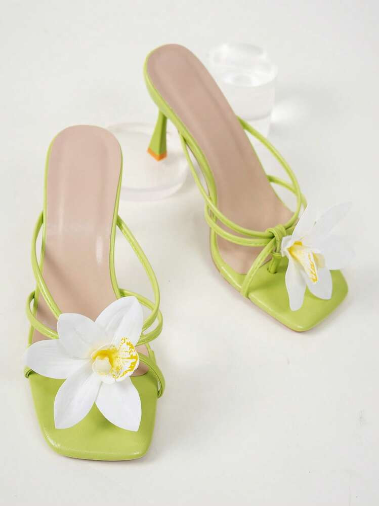 Planare Women's Fashion Casual Elegant Square Toe Floral Decor Slip-On PU Sandals, Comfortable Daily Summer White Heeled Sandals, Multiple Colors Available | SHEIN