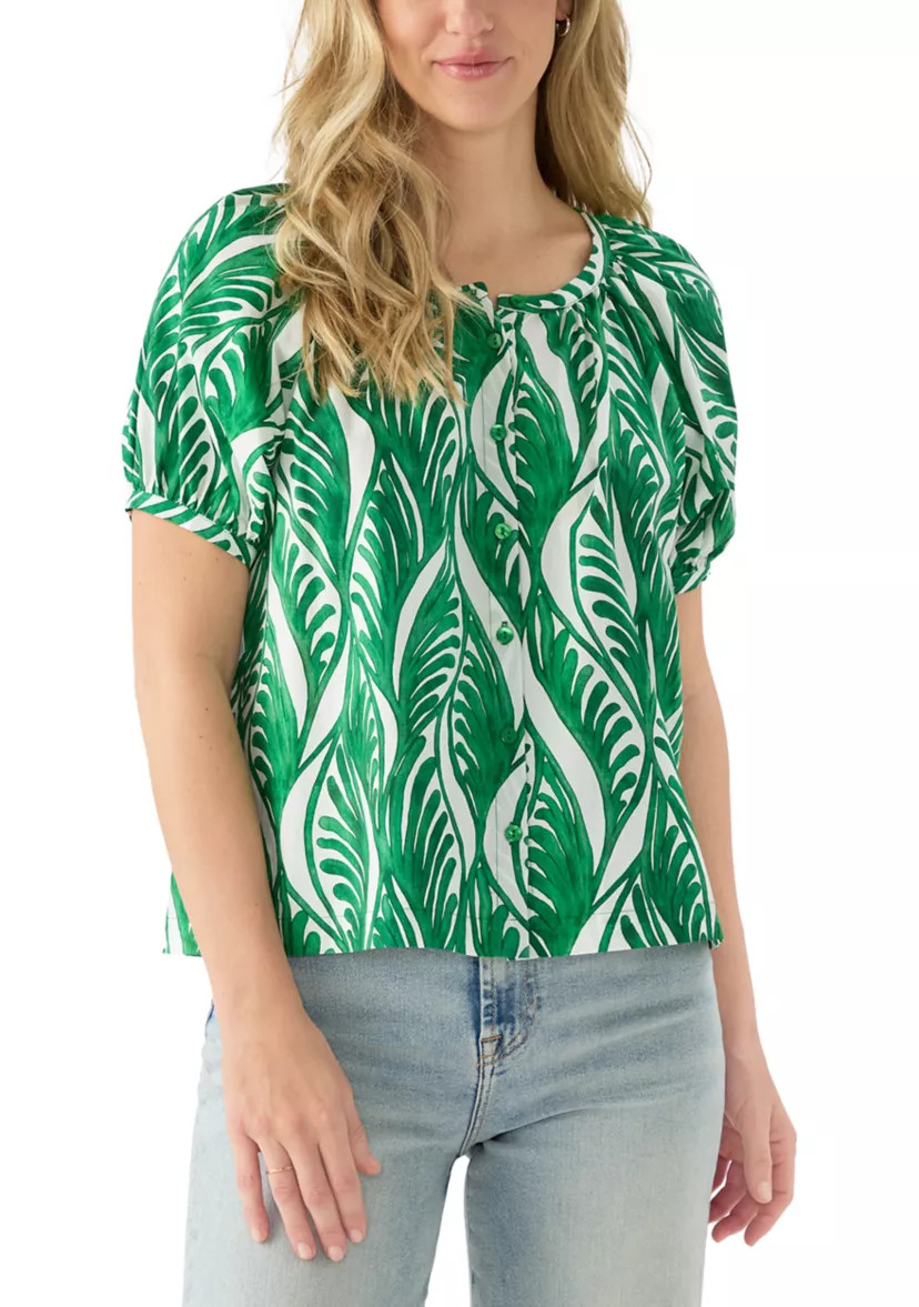 Women's Puff Sleeve Button Front Swirl Pattern Blouse | Belk