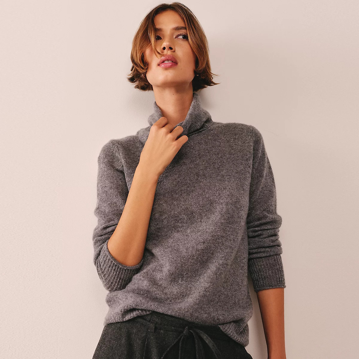 The White Company Layering Cashmere Funnel Neck Jumper, Grey Marl, Size: S | The White Company UK & ROW