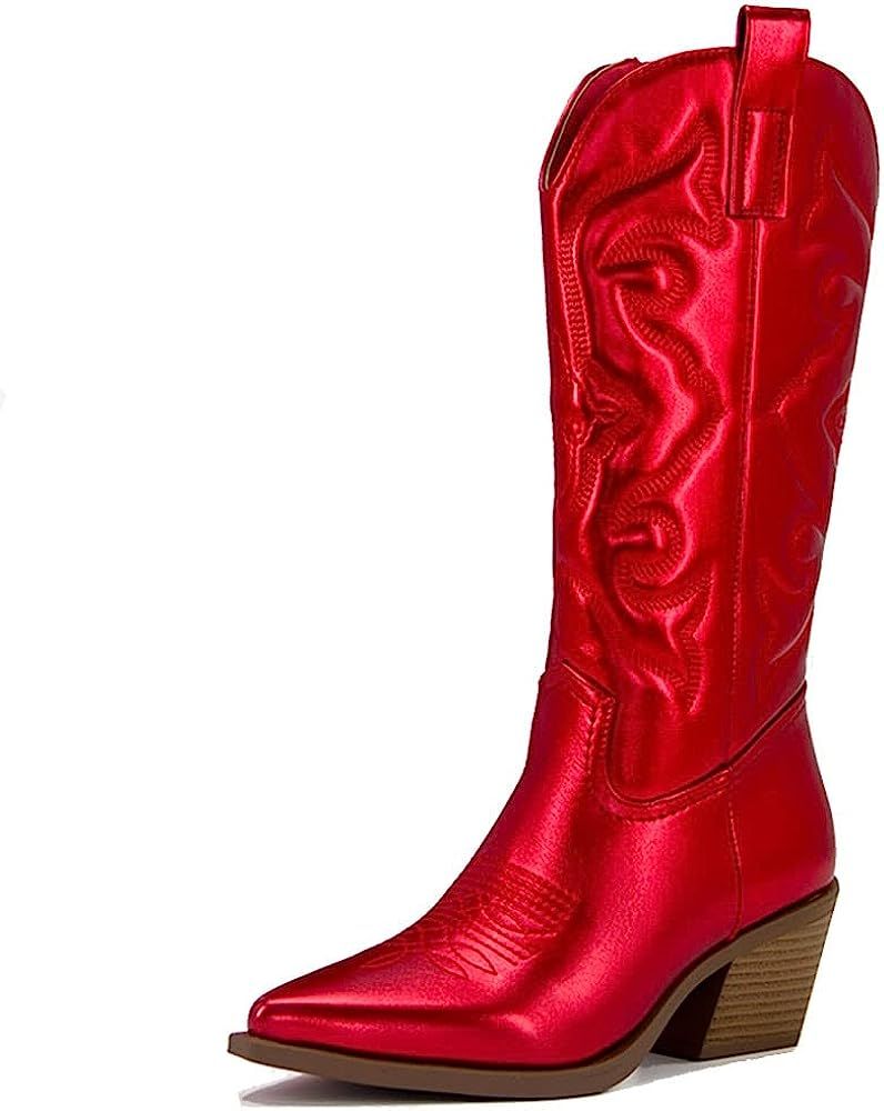 Cowgirl Cowboy Boots for Women Retro Pointed Toe Pull On Block Chunky Heel Glitter Sparkly Metall... | Amazon (US)