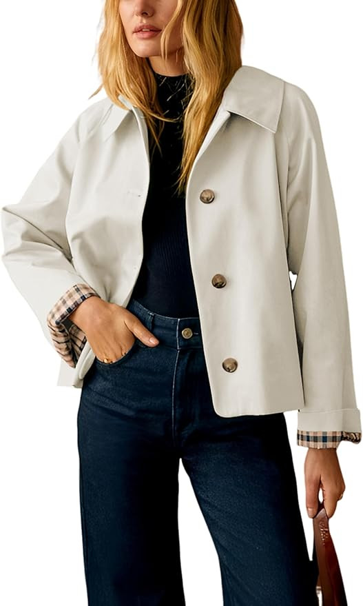 Dqbeng Womens Cropped Trench Coat Classic Collar Oversized Casual Jackets with Checkered Lining | Amazon (US)