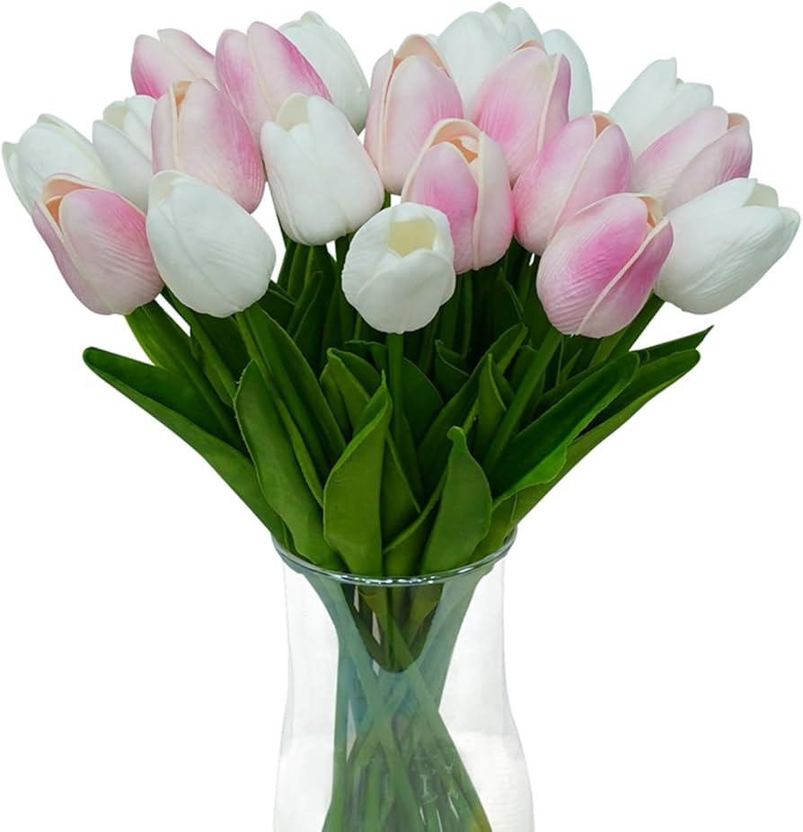 20pcs White and Pink PU Faux Tulips Flowers 13 Inch Fake Flowers Mother's Day Easter Valentine\u2... | Amazon (US)