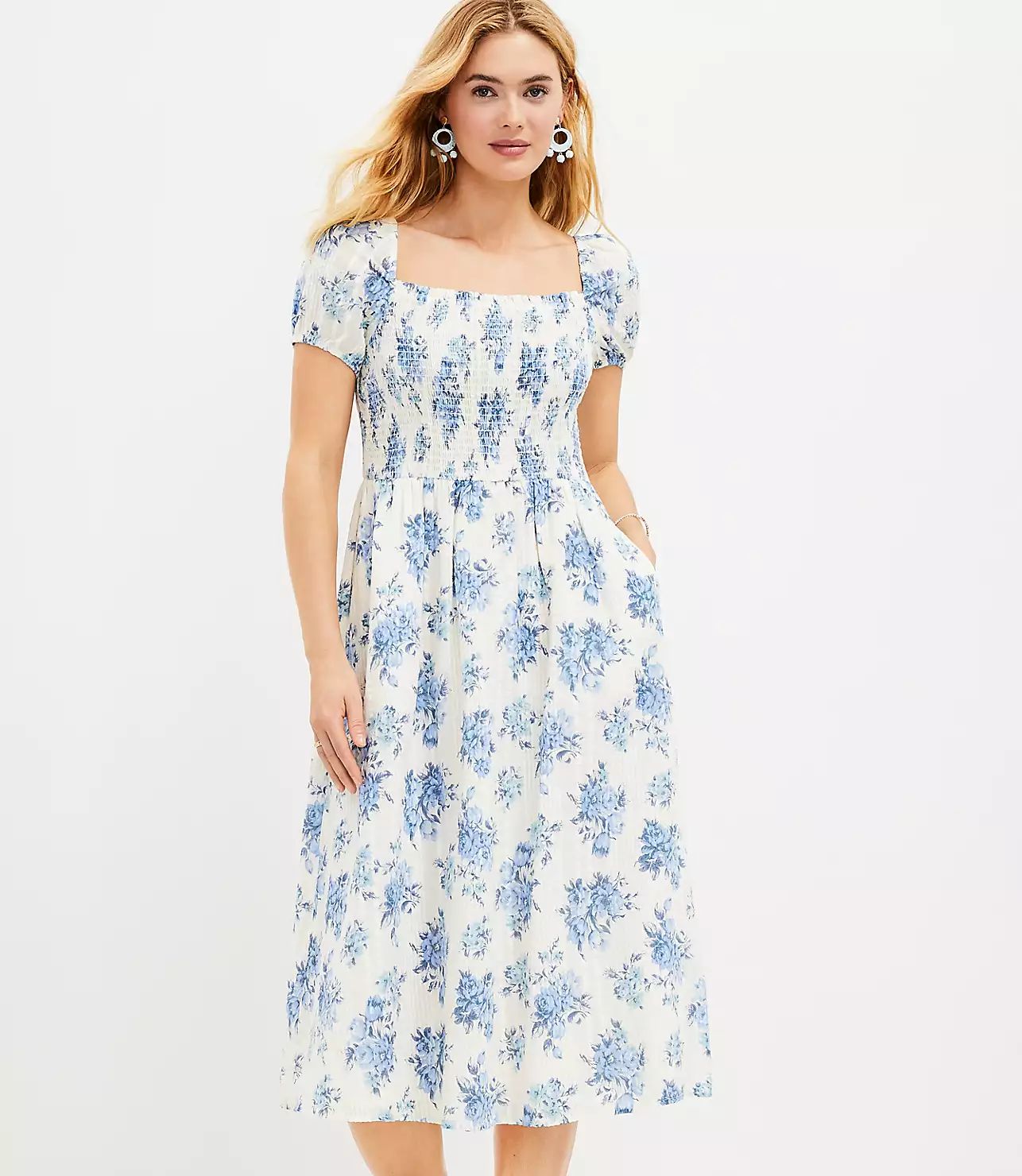 Floral Smocked Puff Sleeve Midi Pocket Dress | LOFT