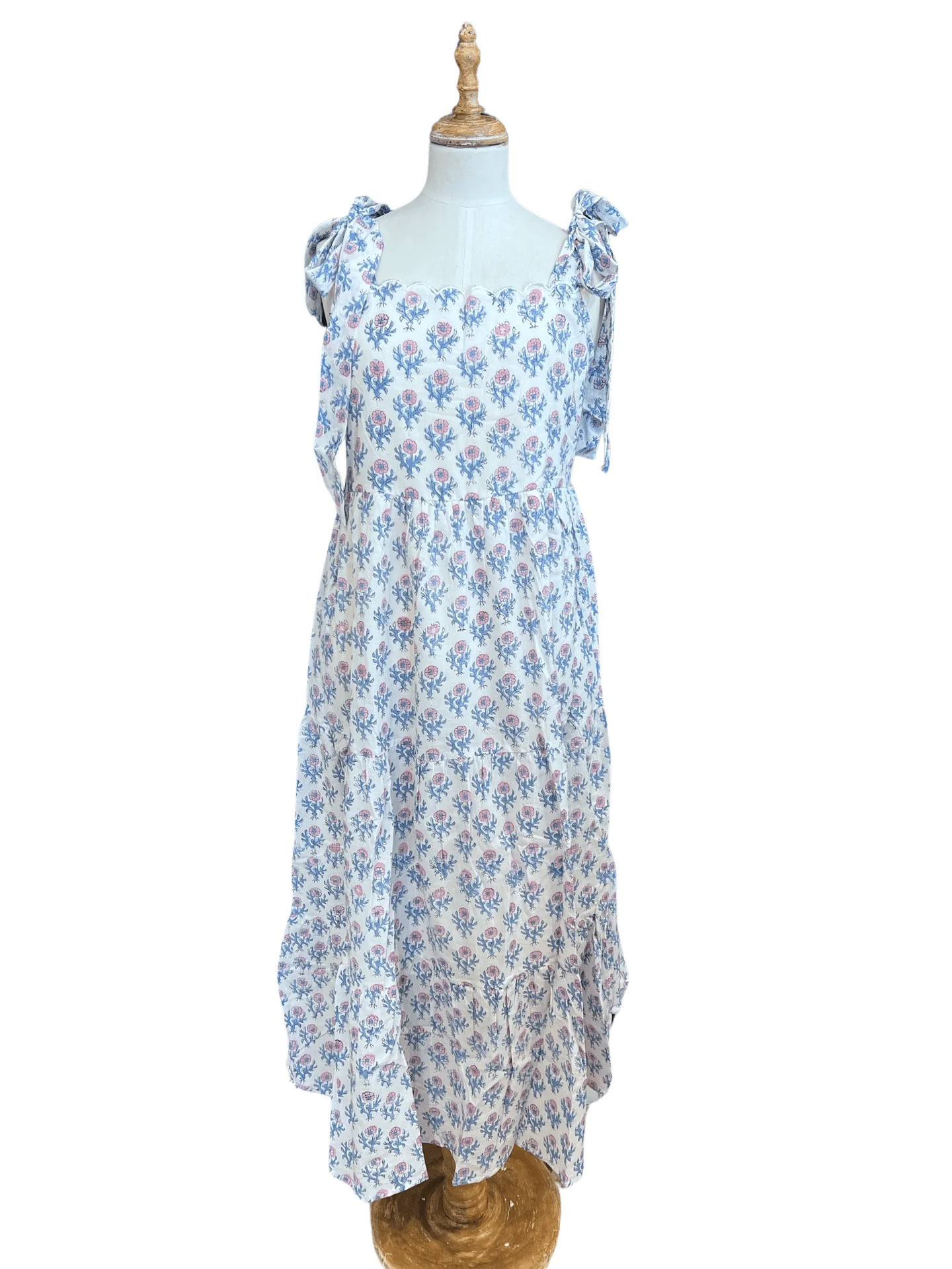 Trunk show floral blue pink & white scallop trim tie shoulder maxi | Mulberry & King