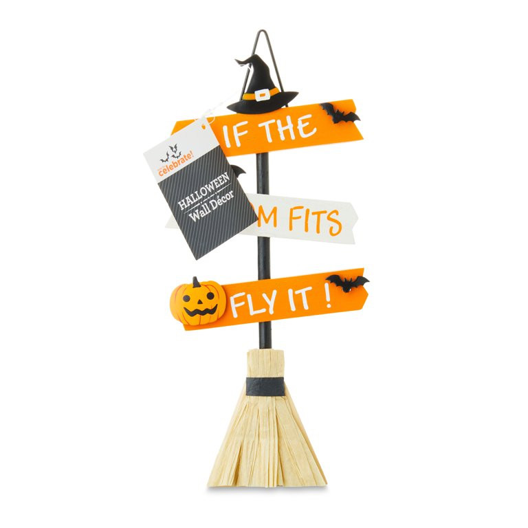 Halloween Orange & White Broom Sign Decoration, 8.6 in, by Way To Celebrate - Walmart.com | Walmart (US)
