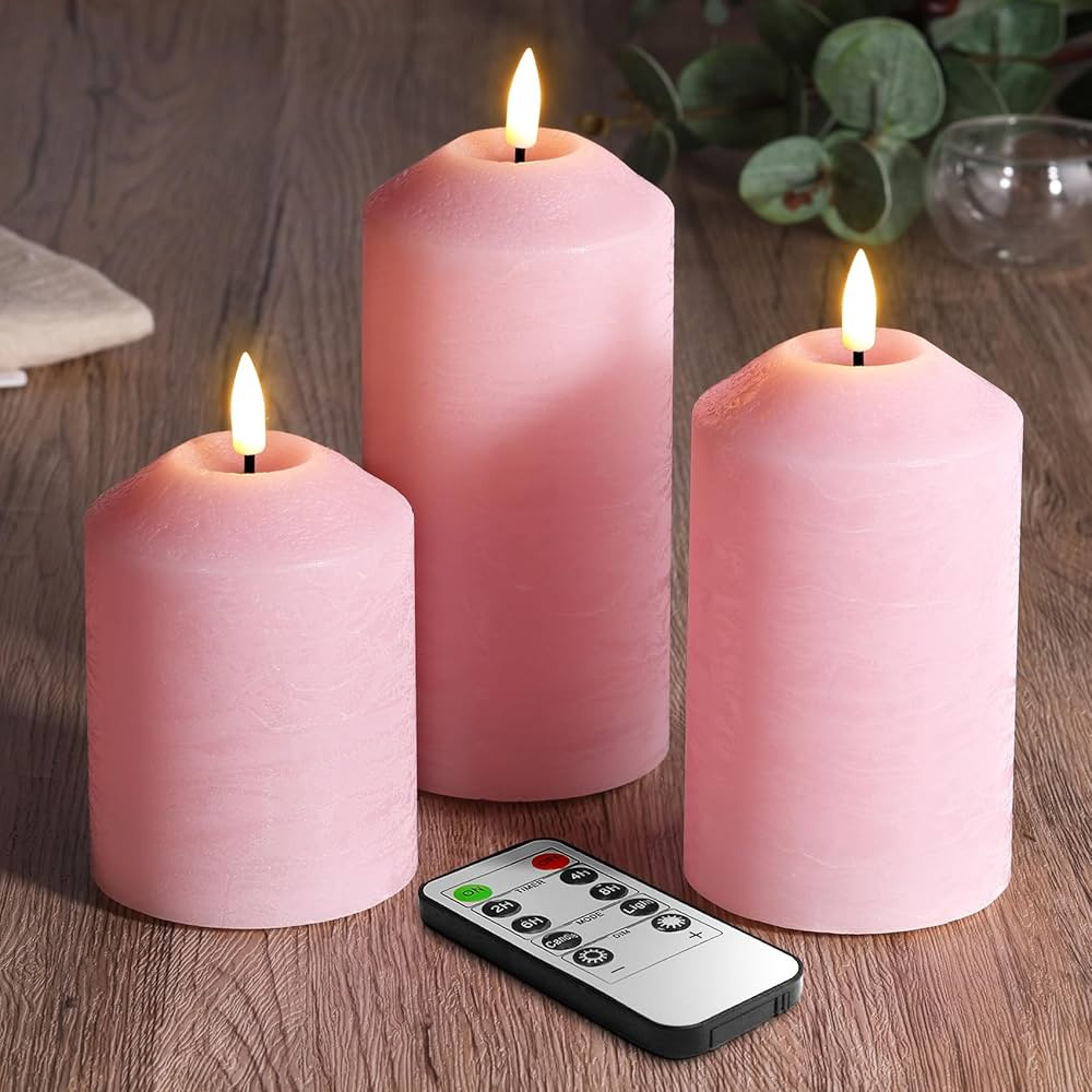 Eywamage Pink Flameless Pillar Candles with Remote, Real Wax Flickering Battery LED Candles Set o... | Amazon (US)