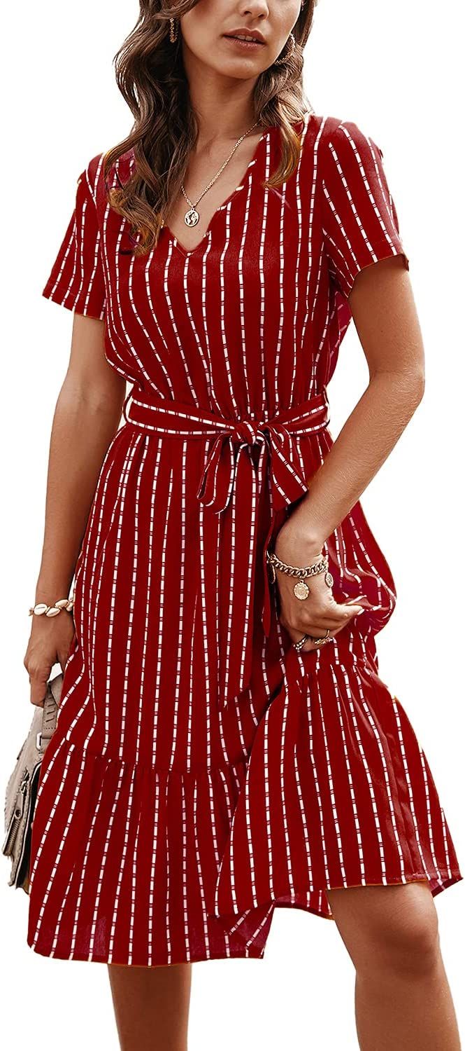 BROVAVE Women's Summer Short Sleeve Striped Casual Tie Waist V-Neck Flowy Midi Dress | Amazon (US)