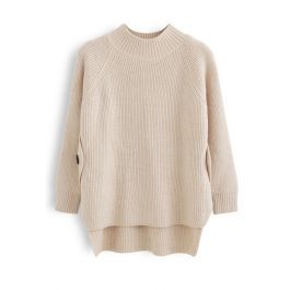 Button Side Hi-Lo Knit Sweater in Light Tan | Chicwish