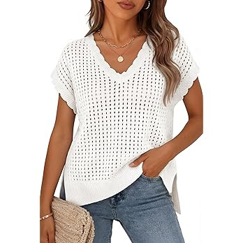 ZESICA Women's Spring Tops 2026 Summer Shirts Crochet V Neck Cap Sleeve Sweater Cute Casual Beach... | Amazon (US)
