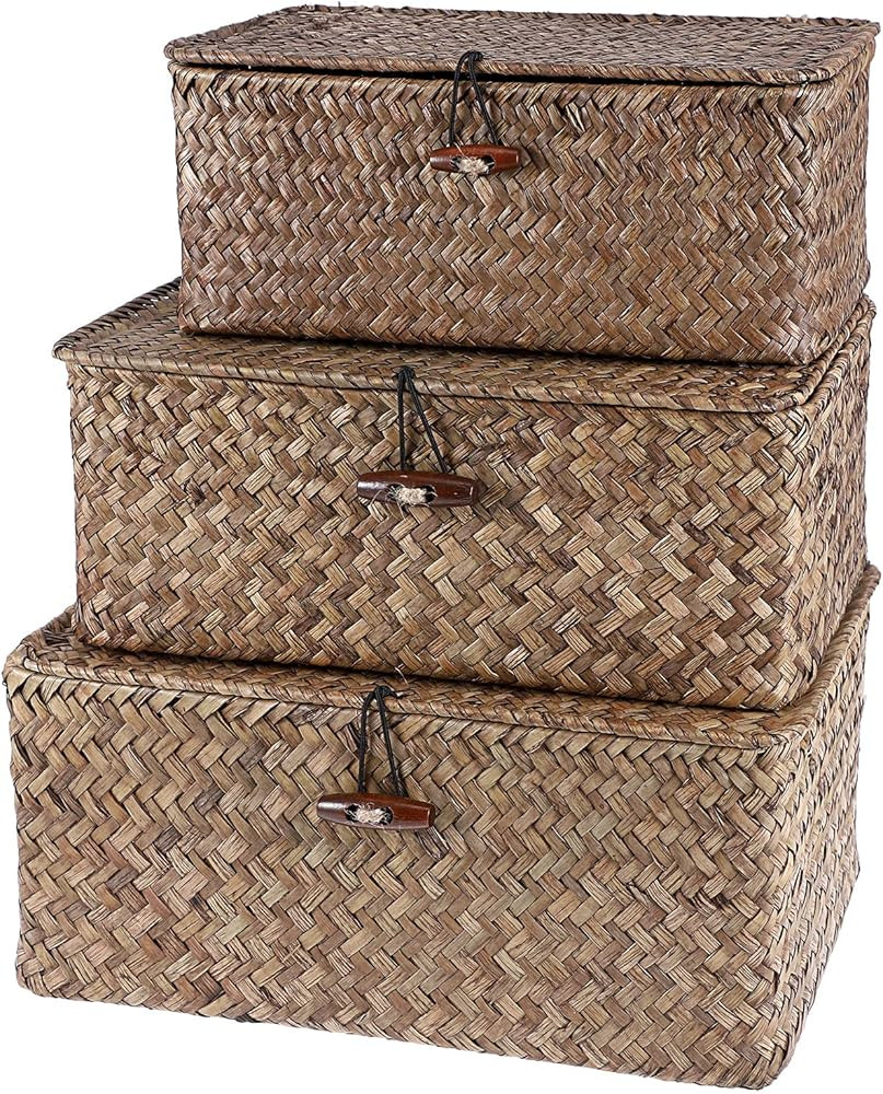 Hipiwe Shelf Baskets with Lid Set of 3 - Handwoven Wicker Basket Bins Box Lidded Home Storage Bin... | Amazon (US)