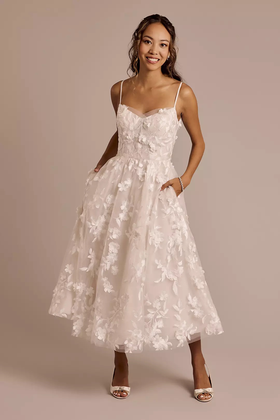 Floral Applique Tea-Length Dress | David's Bridal | David's Bridal