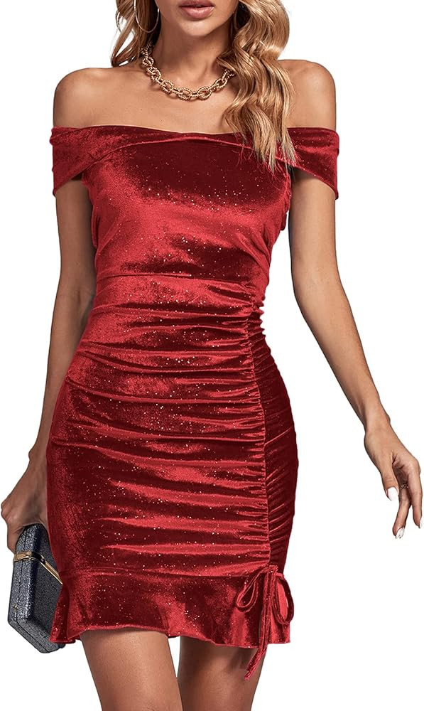 LYANER Women's Off Shoulder Sweetheat Neckline Velvet Bodycon Ruched Gitter Cocktail Mini Dress | Amazon (US)