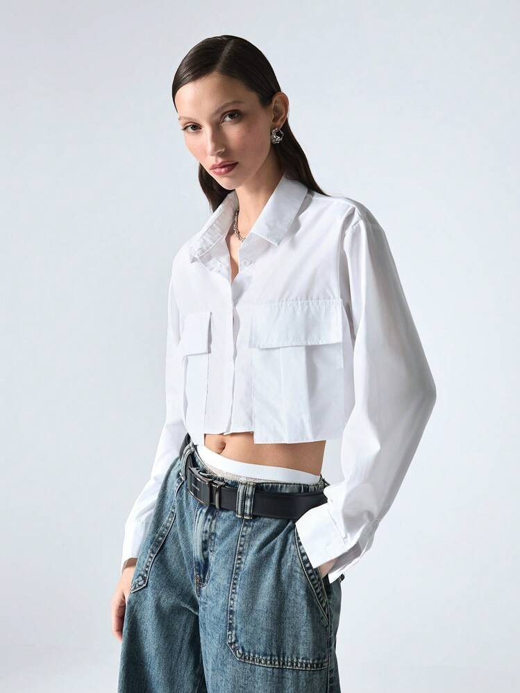 Minimalana Summer Outfits Flap Pocket White Button Front Crop Shirt | SHEIN