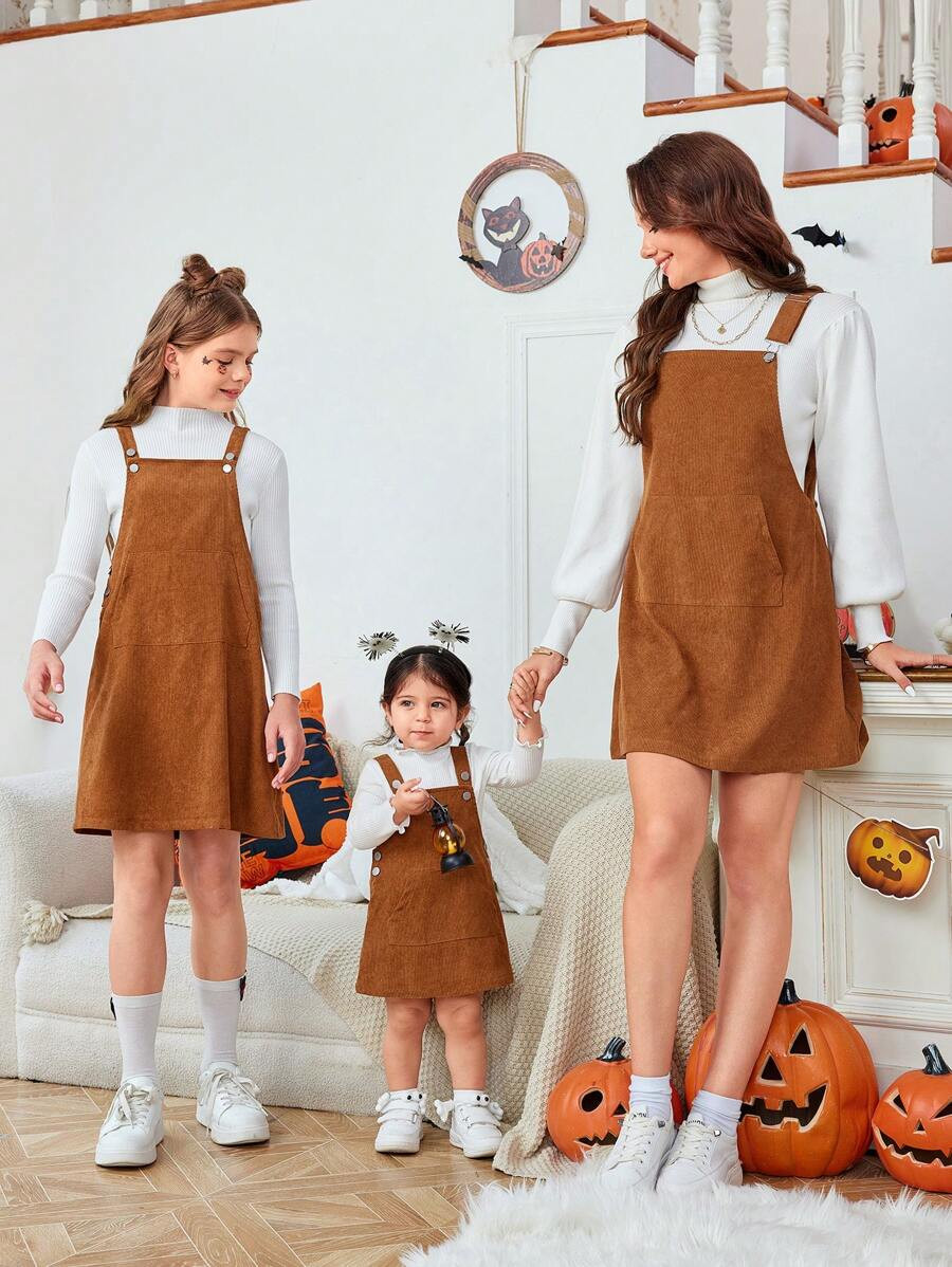 SHEIN 2pcs Mom And Me Matching Corduroy Pinafore Dress And Knit Elastic Sweater, Cute Outfit Set ... | SHEIN