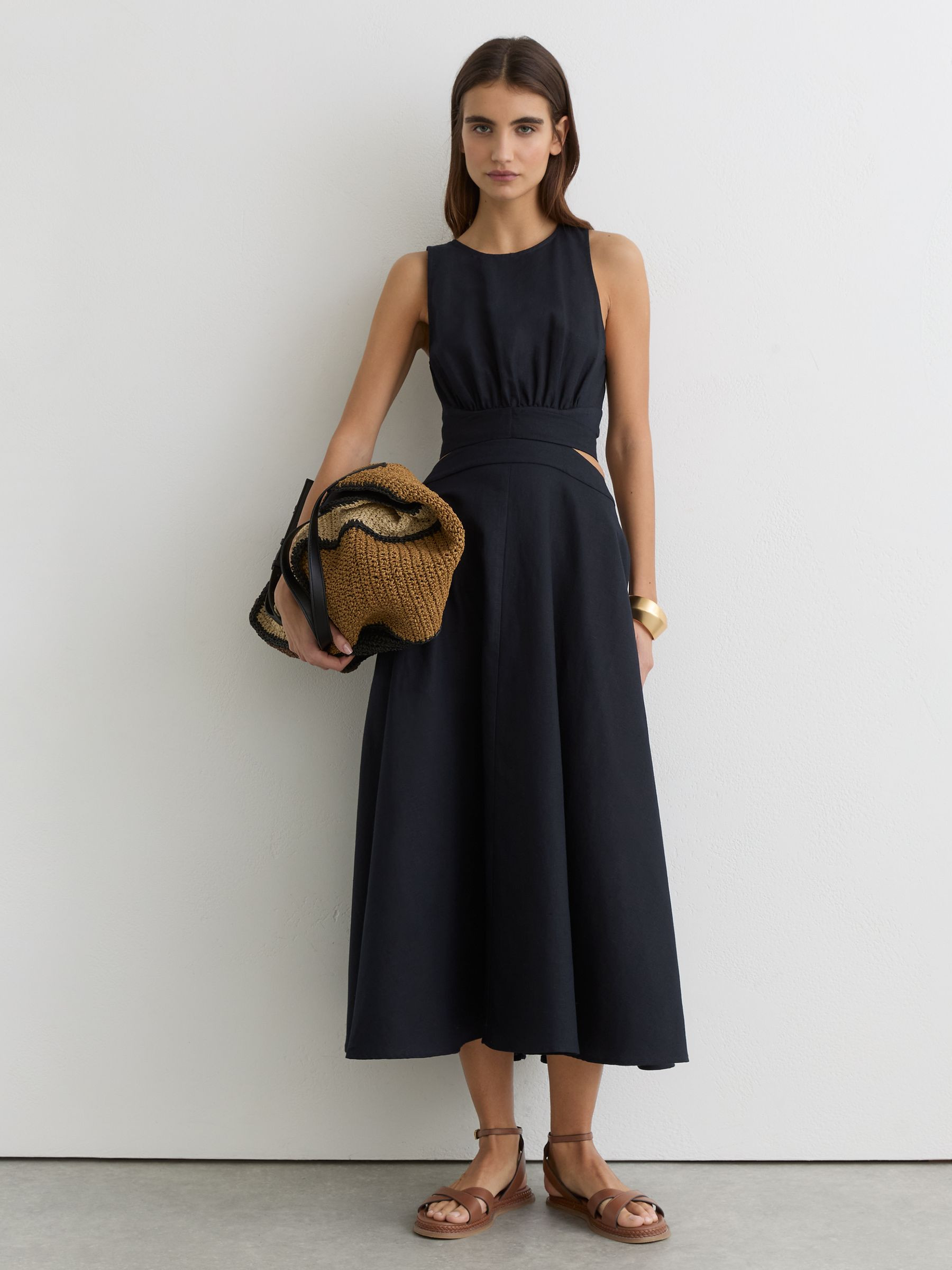 Reiss Linen-Cotton Cut-Out Midi Dress in Navy | REISS | Reiss US