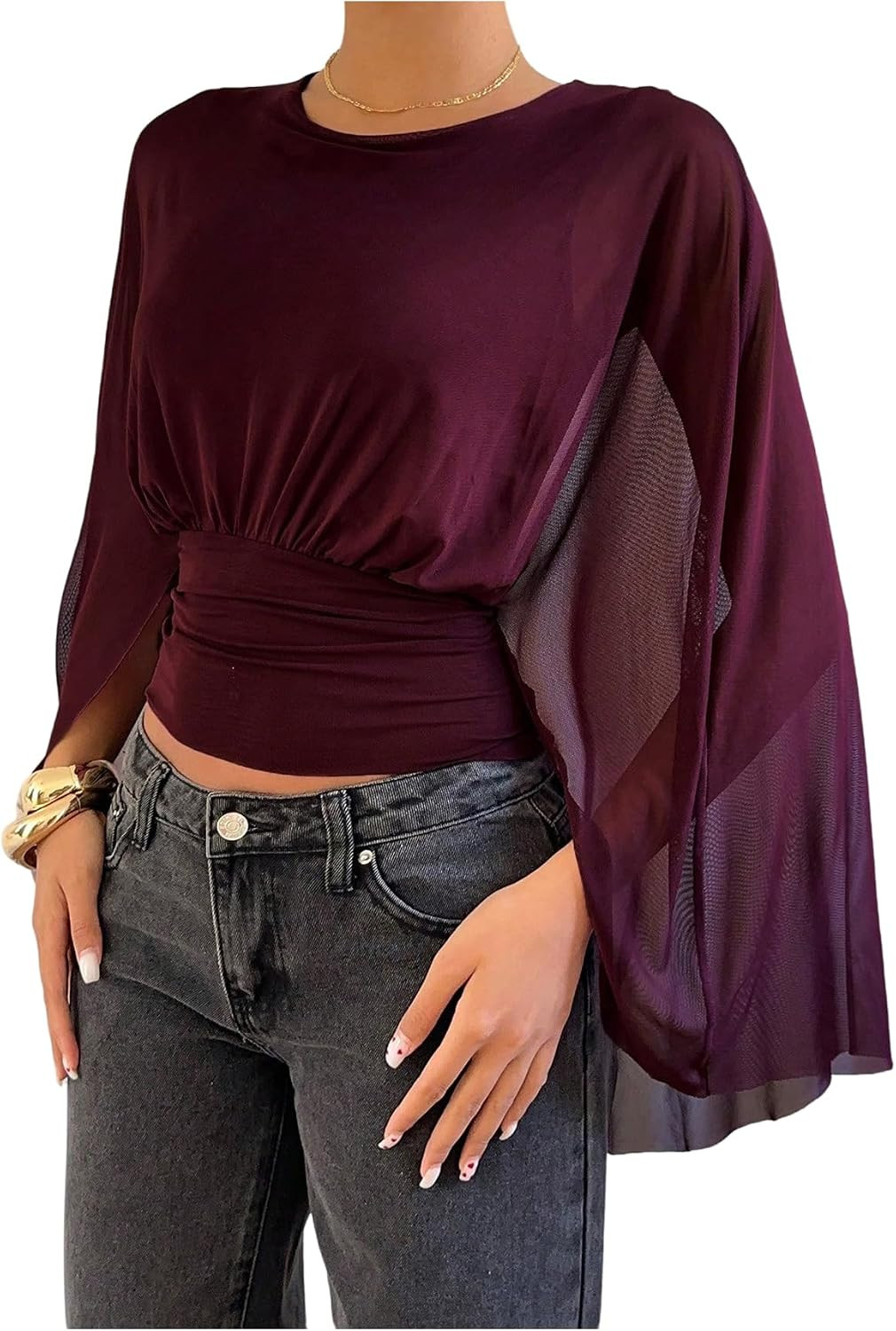 MakeMeChic Women's Mesh Cinched Waist Poncho Tops Crew Neck Going Out Top | Amazon (US)