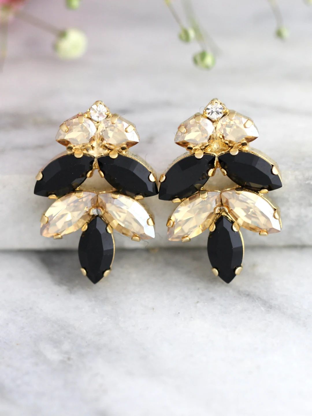 Black Earrings, Black Gold Earrings, Bridal Black Earrings, Crystal Gold Black Crystal Earrings, ... | Etsy (US)