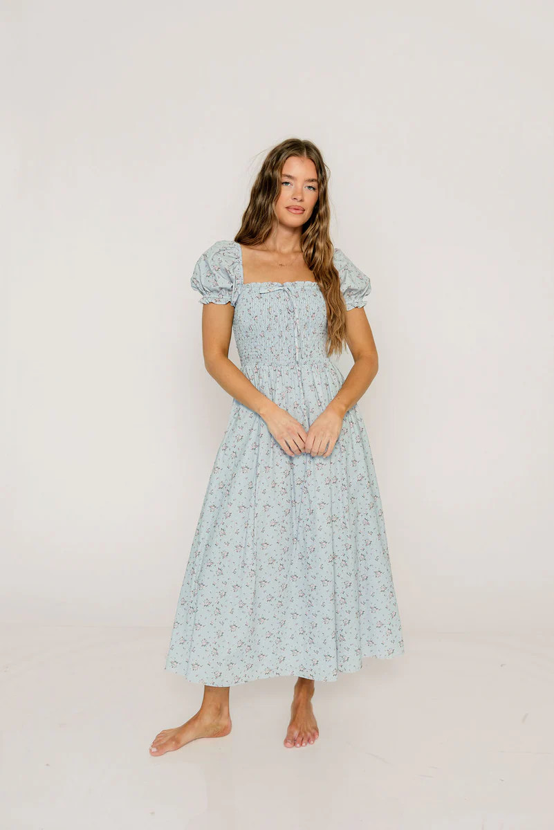 Nya 100% Cotton Smocked Midi Dress in Blue Multi Floral | Worth Collective