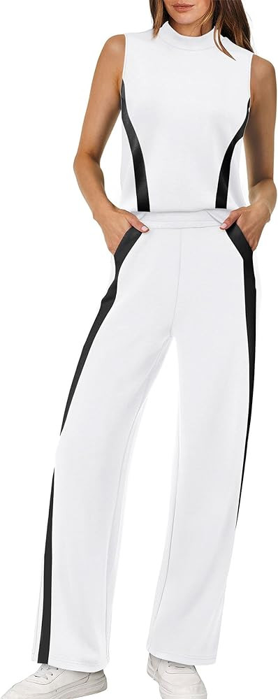 XIEERDUO Two Piece Sets for Women Summer Outfits Travel Mock Neck Lounge Sets Wide Leg Pants Beac... | Amazon (US)