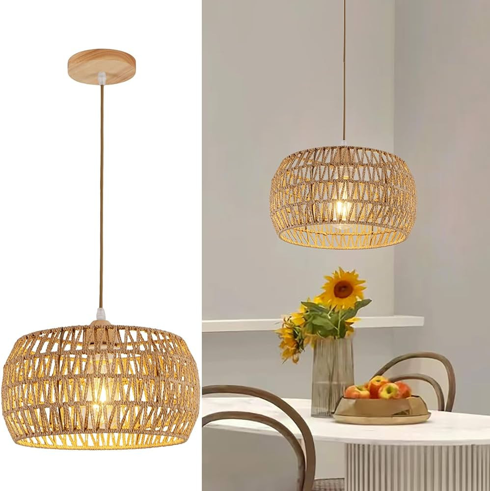Rattan Pendant Light Fixture Ceiling Bohemian Chandelier Rattan Flush Mount Hanging Light Fixture... | Amazon (US)